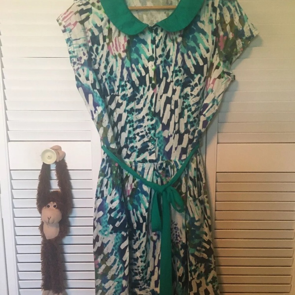 Teal Multicolor  Belted Pleated Dress Size Xl